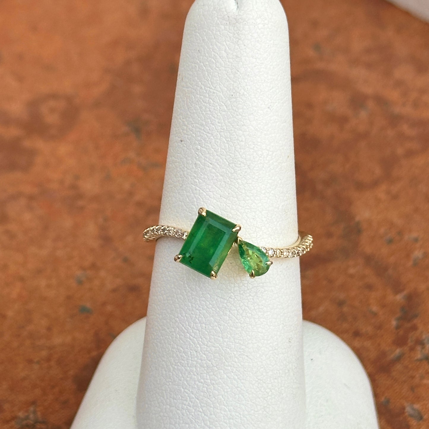 14KT Yellow Gold Pear + Emerald-Cut Emerald Ring