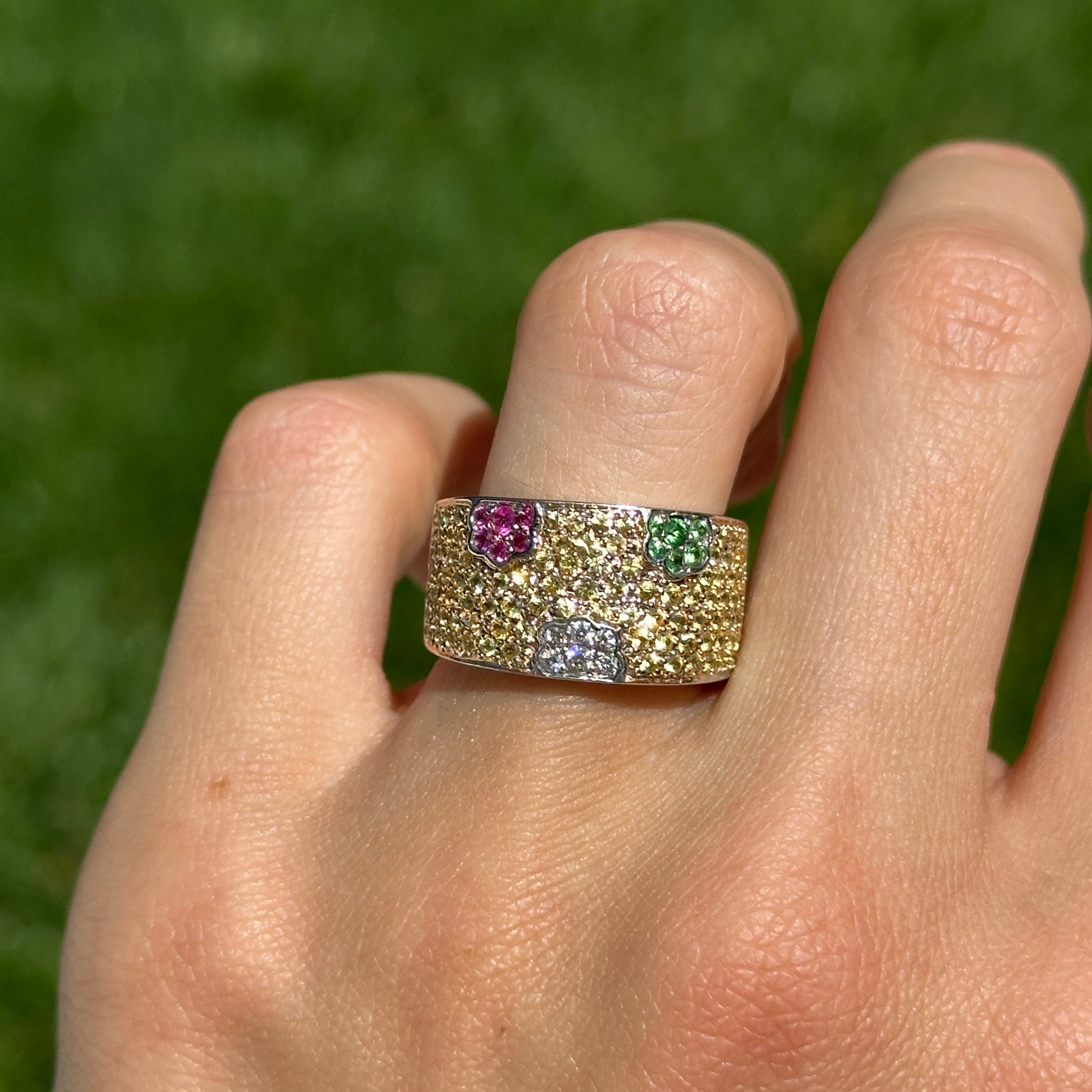 Estate 18KT White Gold Yellow Sapphire, Tsavorite Green Garnet + Ruby Ring - LSJ