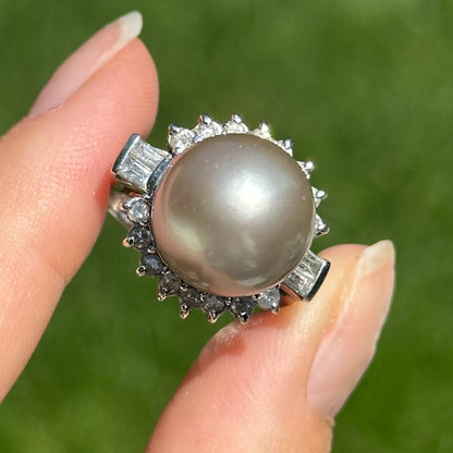 Estate 14KT White Gold Diamond + Genuine Tahitian South Sea Pearl Cluster Ring - LSJ