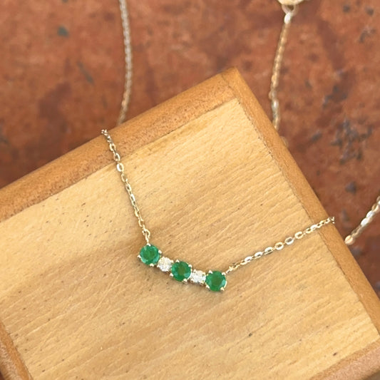 Estate 14KT Yellow Gold Emerald + Diamond Bar Necklace