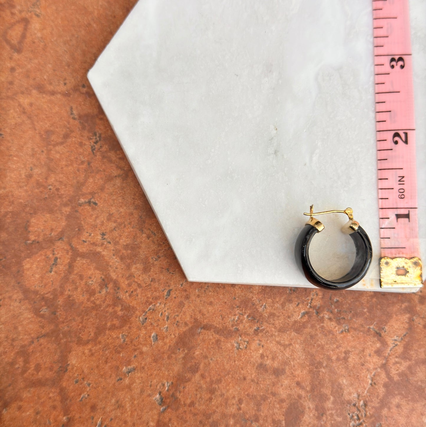 Estate 14KT Yellow Gold Plated Silver Black Jade Wide Round Hoop Earrings