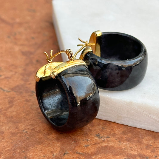 Estate 14KT Yellow Gold Plated Silver Black Jade Wide Round Hoop Earrings