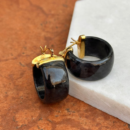 Estate 14KT Yellow Gold Plated Silver Black Jade Wide Round Hoop Earrings