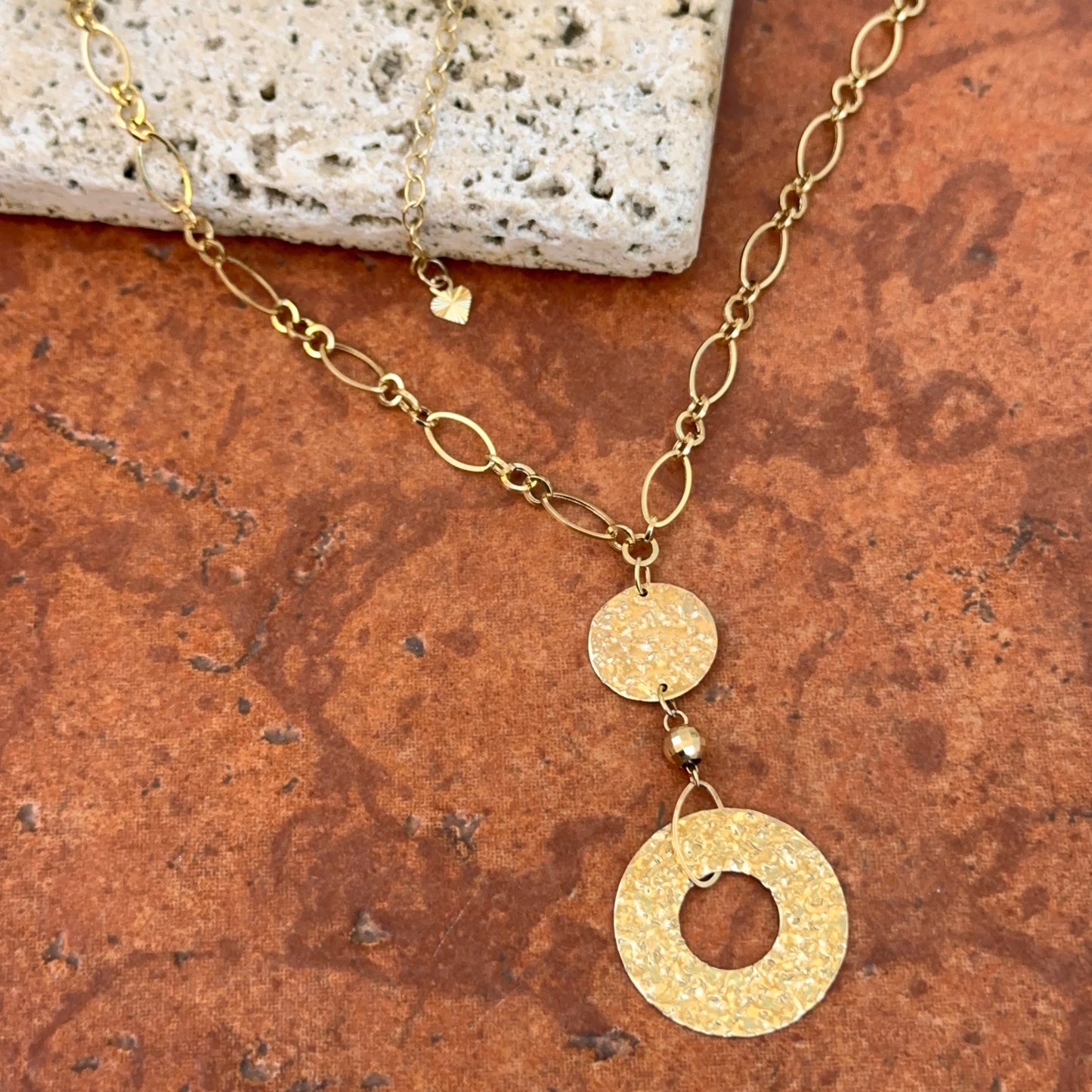 Estate 14KT Yellow Gold Hammered Circles Lariat Necklace