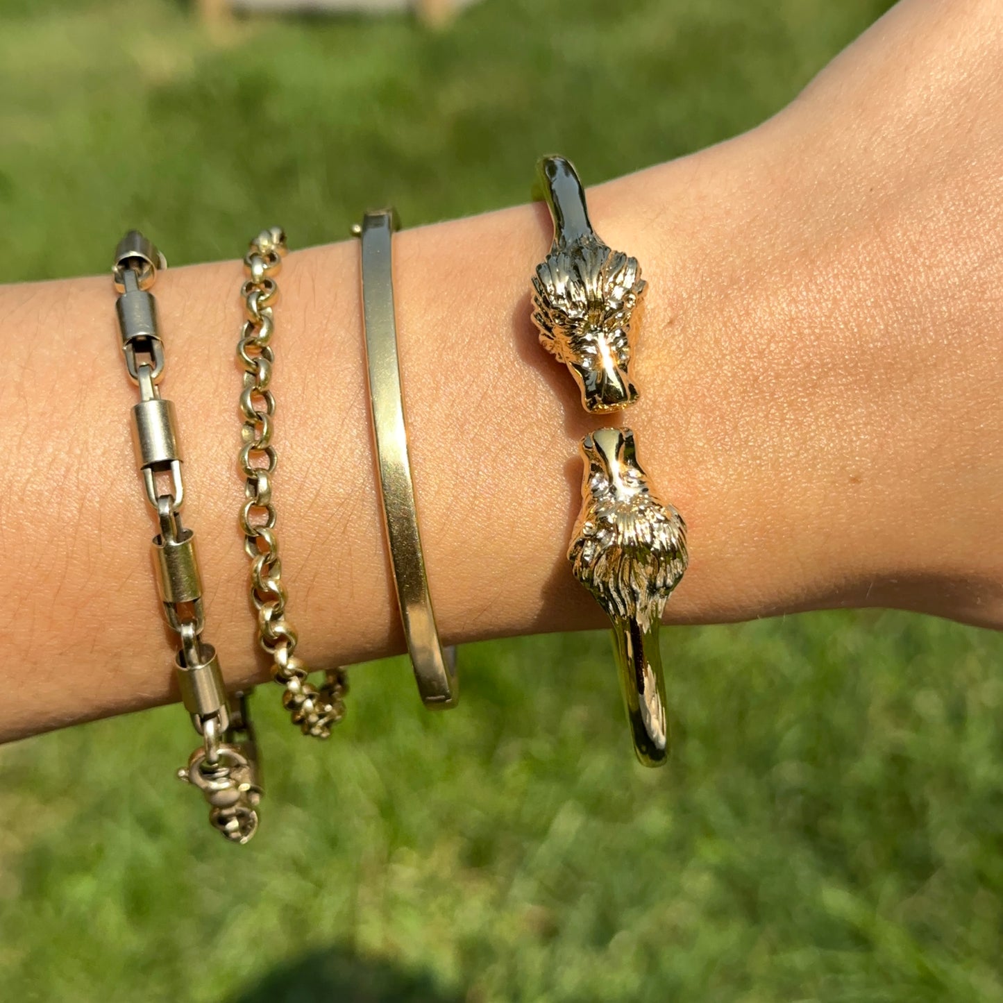 Estate Gold-Tone 3D Double Lion Head Cuff Bracelet