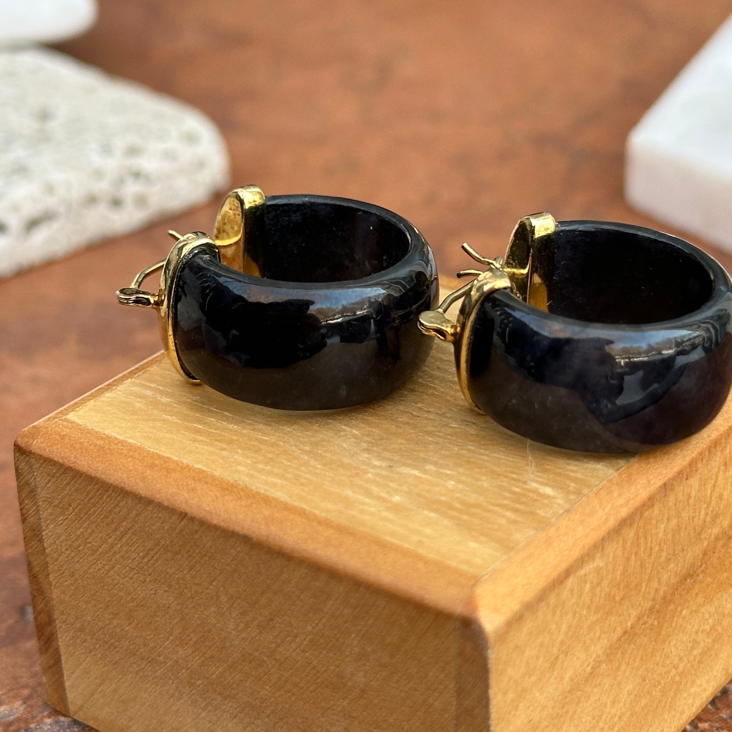Estate 14KT Yellow Gold Plated Silver Black Jade Wide Round Hoop Earrings