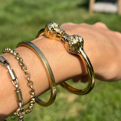 Estate Gold-Tone 3D Double Lion Head Cuff Bracelet