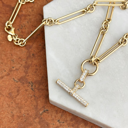 14KT Yellow Gold Pave Diamond Toggle Bar Chain Necklace