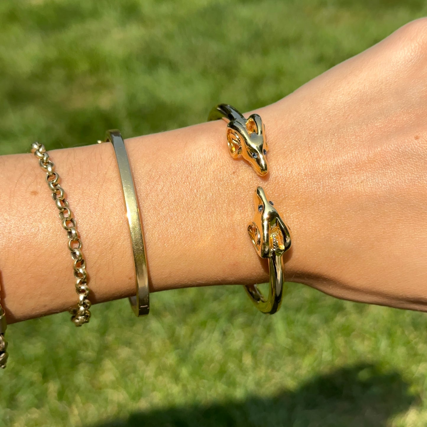 Estate Gold-Tone Double Ram + Blue Eye Cuff Bracelet - LSJ
