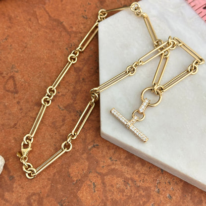14KT Yellow Gold Pave Diamond Toggle Bar Chain Necklace