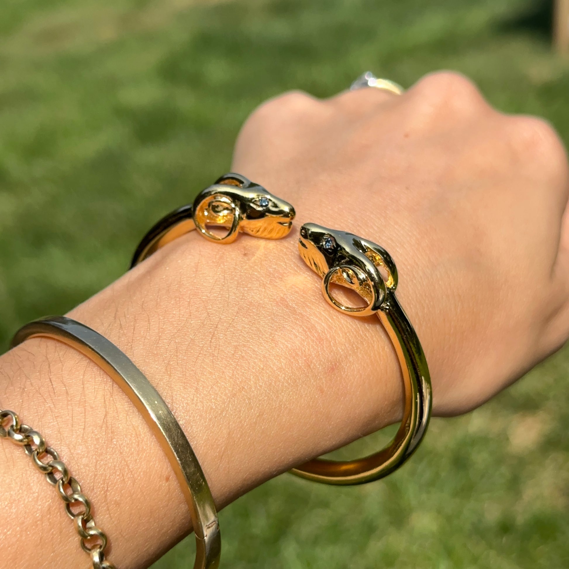 Estate Gold-Tone Double Ram + Blue Eye Cuff Bracelet - LSJ