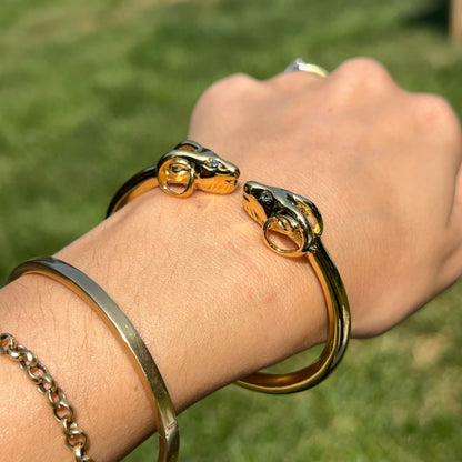 Estate Gold-Tone Double Ram + Blue Eye Cuff Bracelet - LSJ