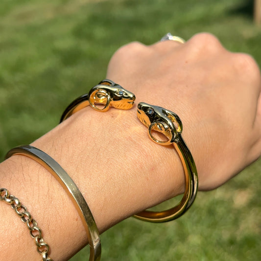 Estate Gold-Tone Double Ram + Blue Eye Cuff Bracelet