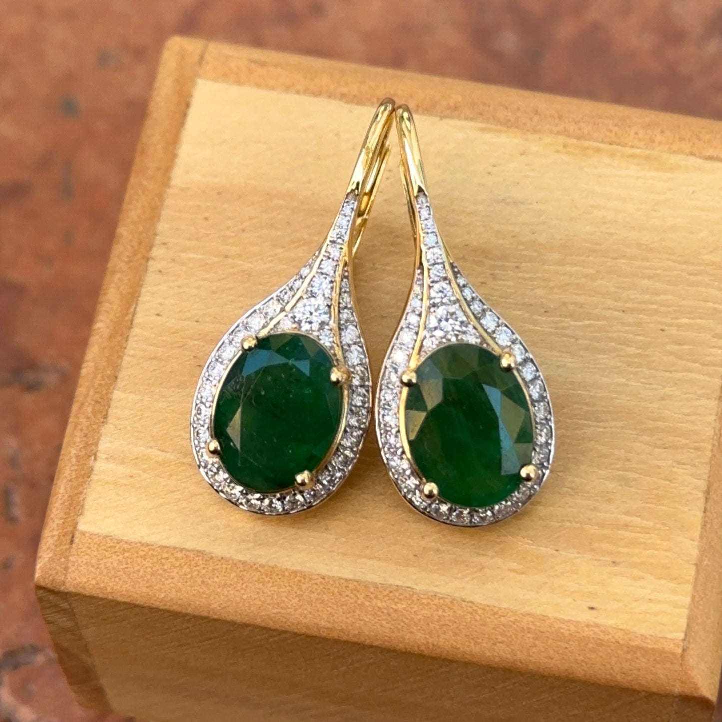 Estate 18KT Yellow Gold Oval Emerald + Pave Diamond Drop Earrings