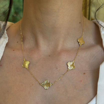 14KT Yellow Gold Diamond-Cut Clover Station Necklace