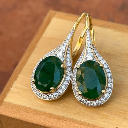 Estate 18KT Yellow Gold Oval Emerald + Pave Diamond Drop Earrings