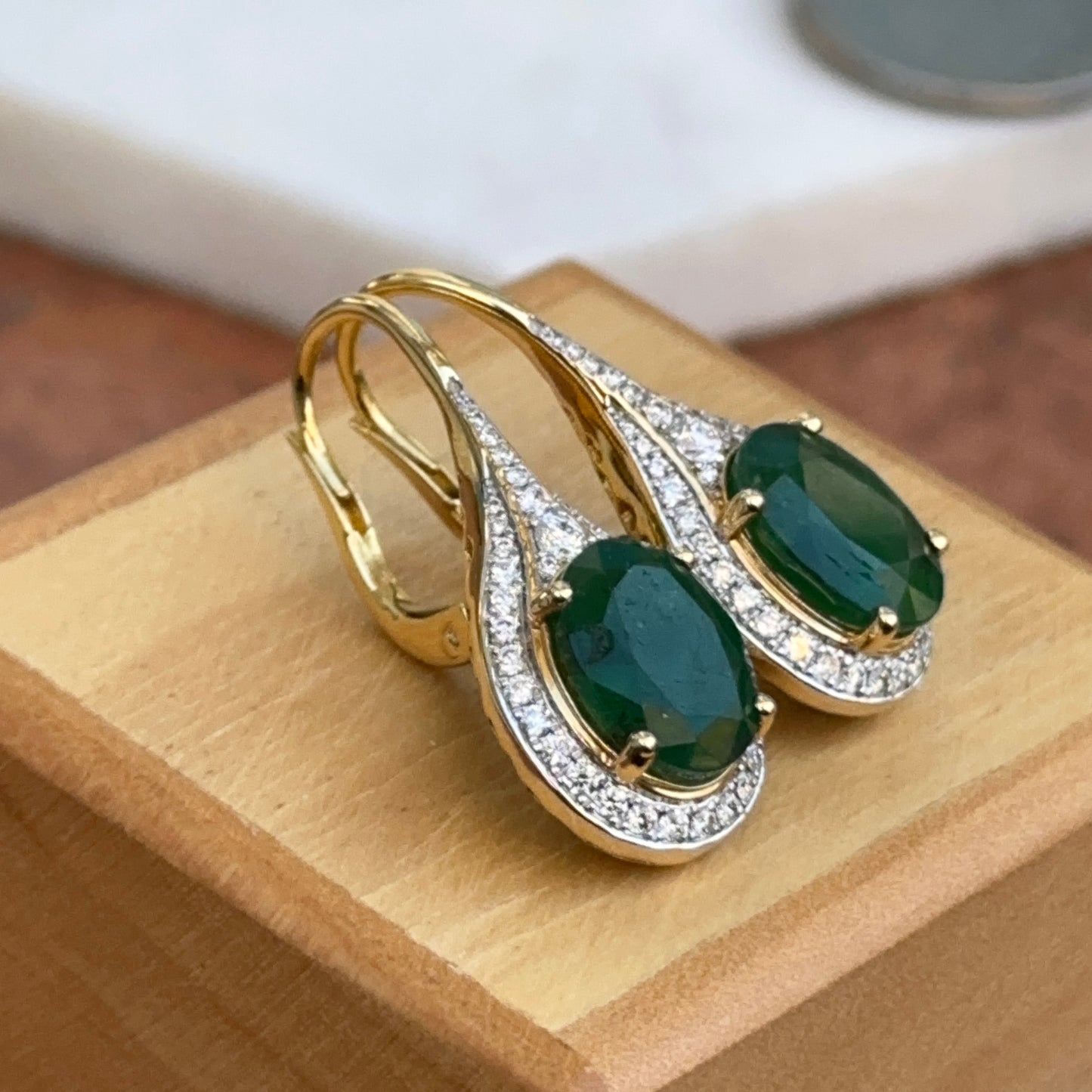 Estate 18KT Yellow Gold Oval Emerald + Pave Diamond Drop Earrings