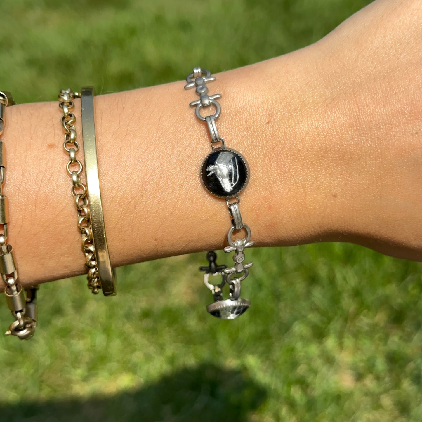 Estate Silver-Tone + Black Painted Glass Horse Link Bracelet