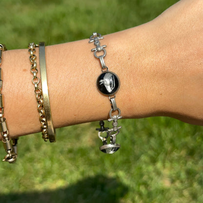 Estate Silver-Tone + Black Painted Glass Horse Link Bracelet