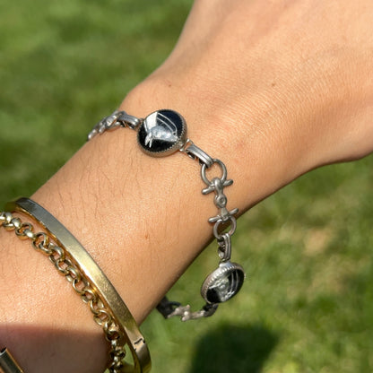 Estate Silver-Tone + Black Painted Glass Horse Link Bracelet