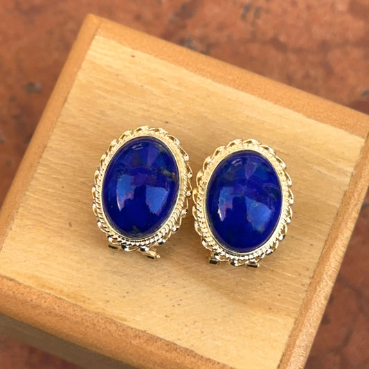 Estate 14KT Yellow Gold Oval Blue Lapis Omega Back Earrings