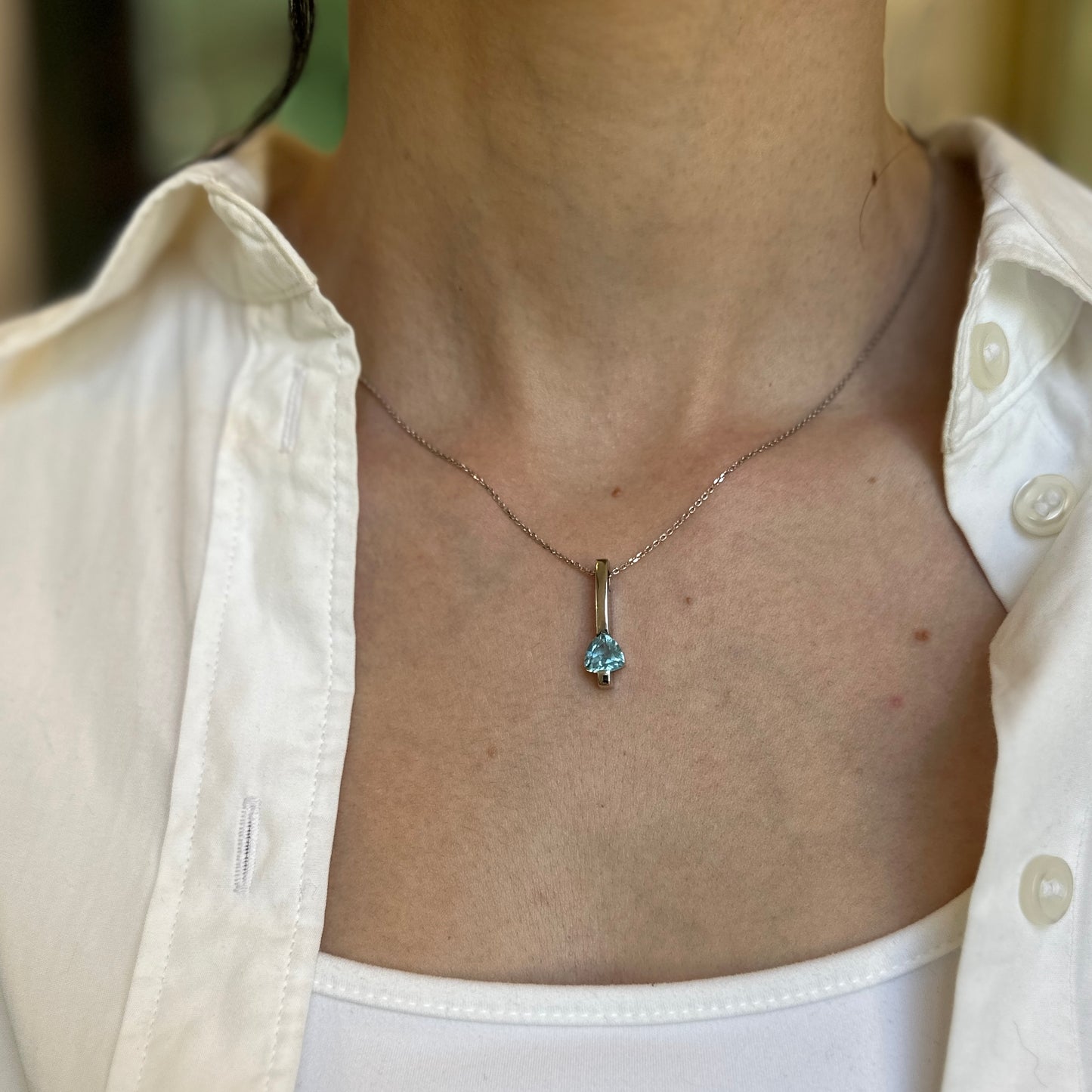 14KT White Gold & Trillion Blue Topaz Bar Pendant