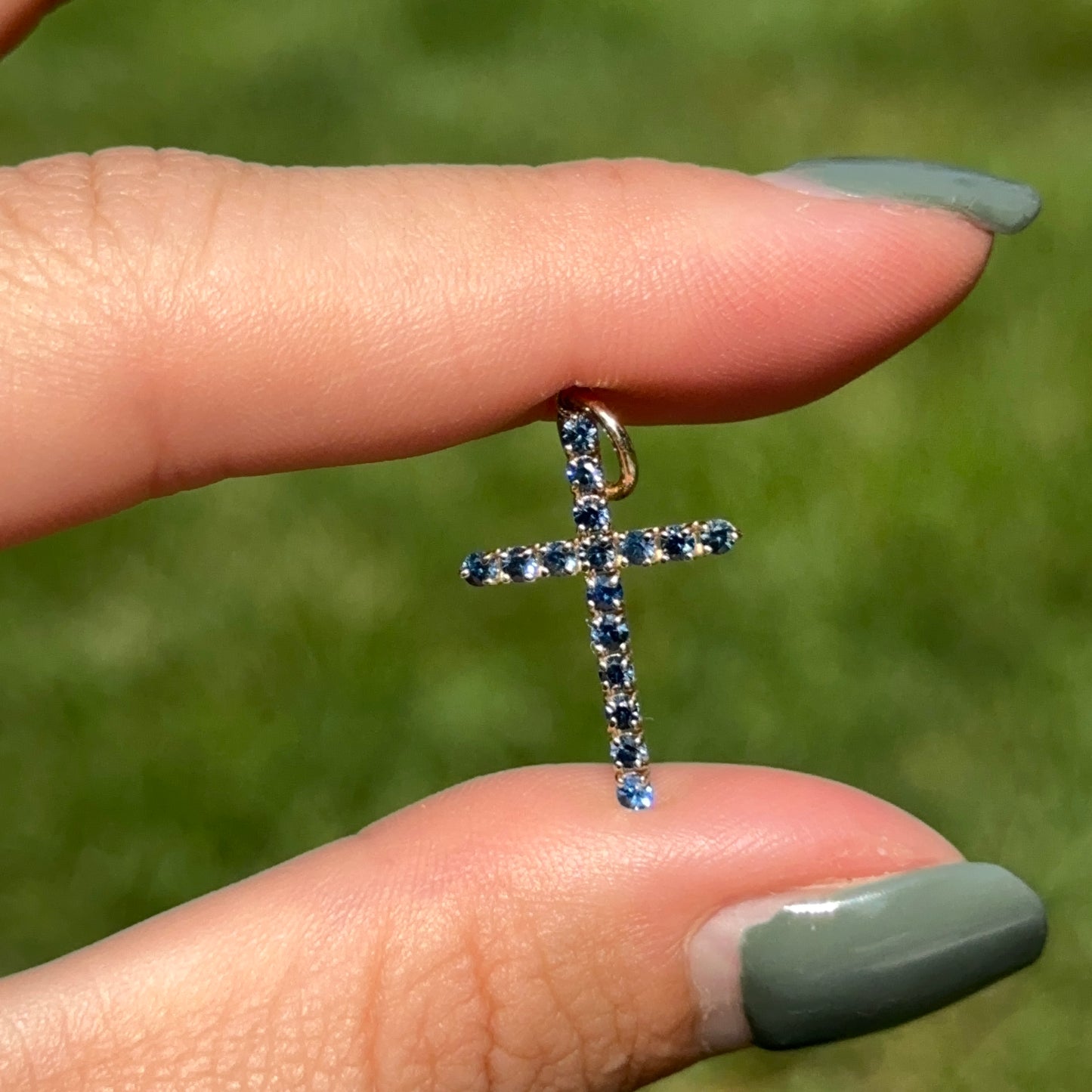 14K Yellow Gold .50 CT Blue Sapphire Cross Pendant