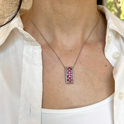 Estate 14KT White Gold Ruby + Diamond Rectangle Pendant Slide