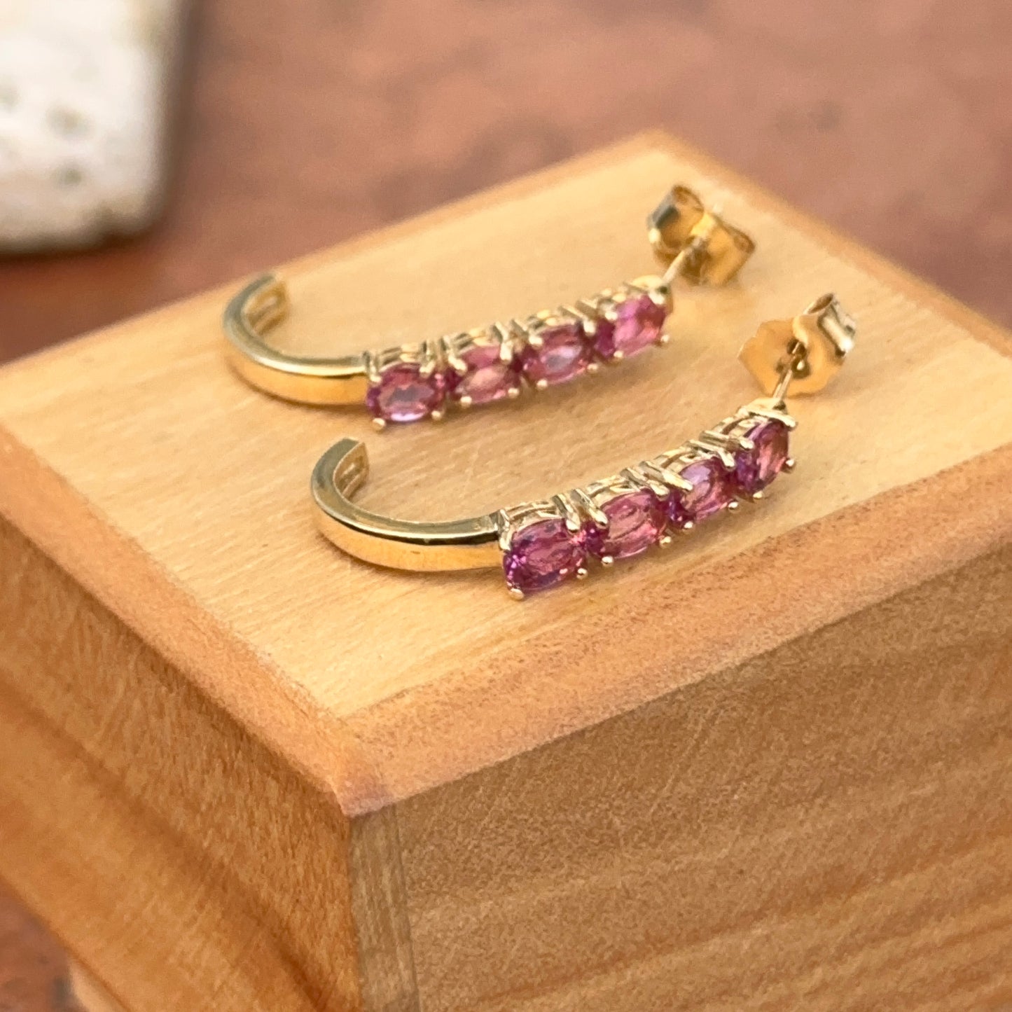 Estate 14KT Yellow Gold Pink Tourmaline J Hoop Earrings