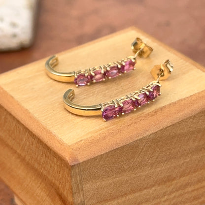 Estate 14KT Yellow Gold Pink Tourmaline J Hoop Earrings