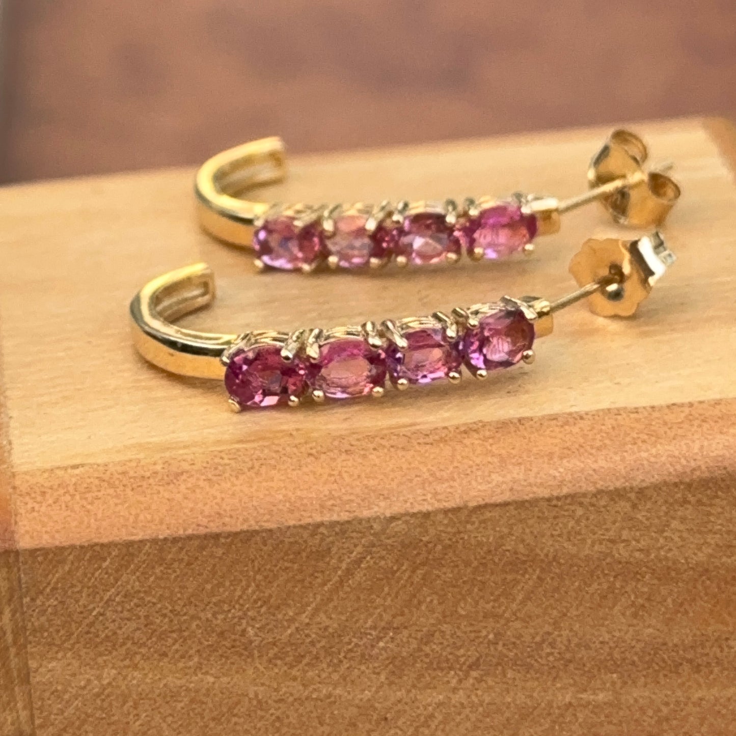 Estate 14KT Yellow Gold Pink Tourmaline J Hoop Earrings