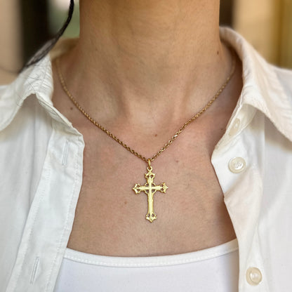 14KT Yellow Gold Matte Solid Filigree Cross Pendant 40mm