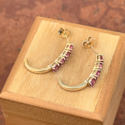 Estate 14KT Yellow Gold Pink Tourmaline J Hoop Earrings