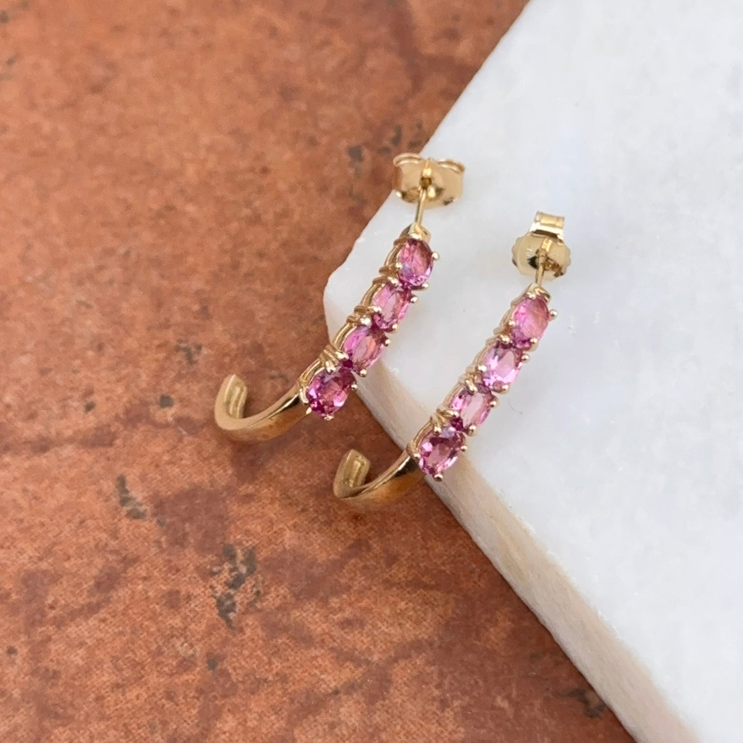 Estate 14KT Yellow Gold Pink Tourmaline J Hoop Earrings