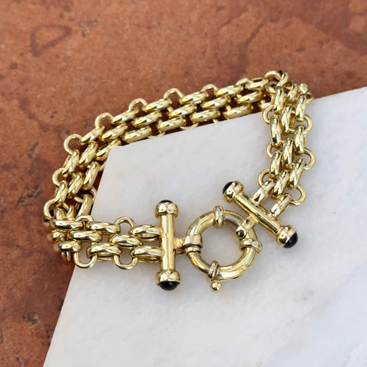 Estate 14KT Yellow Gold Interlocking Chain Onyx Toggle Bracelet