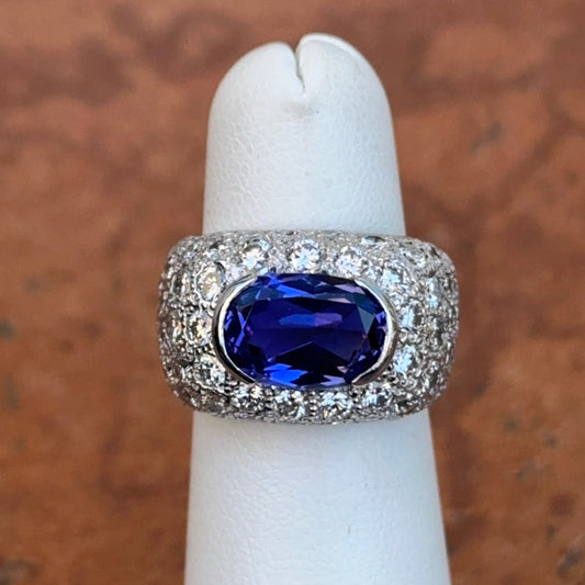 Estate 14KT White Gold Oval Tanzanite + Pave Diamond Ring