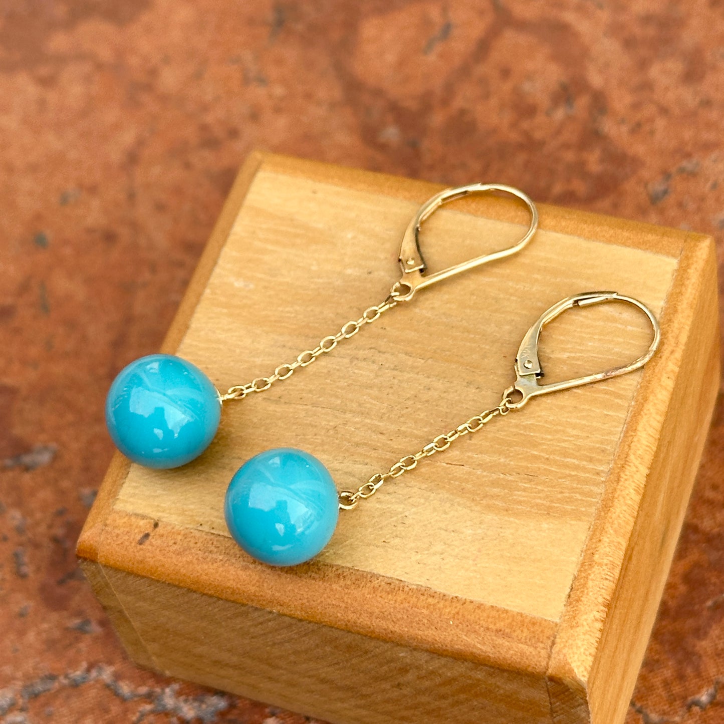 Estate 14KT Yellow Gold Sleeping Beauty Ball Dangle Lever Back Earrings