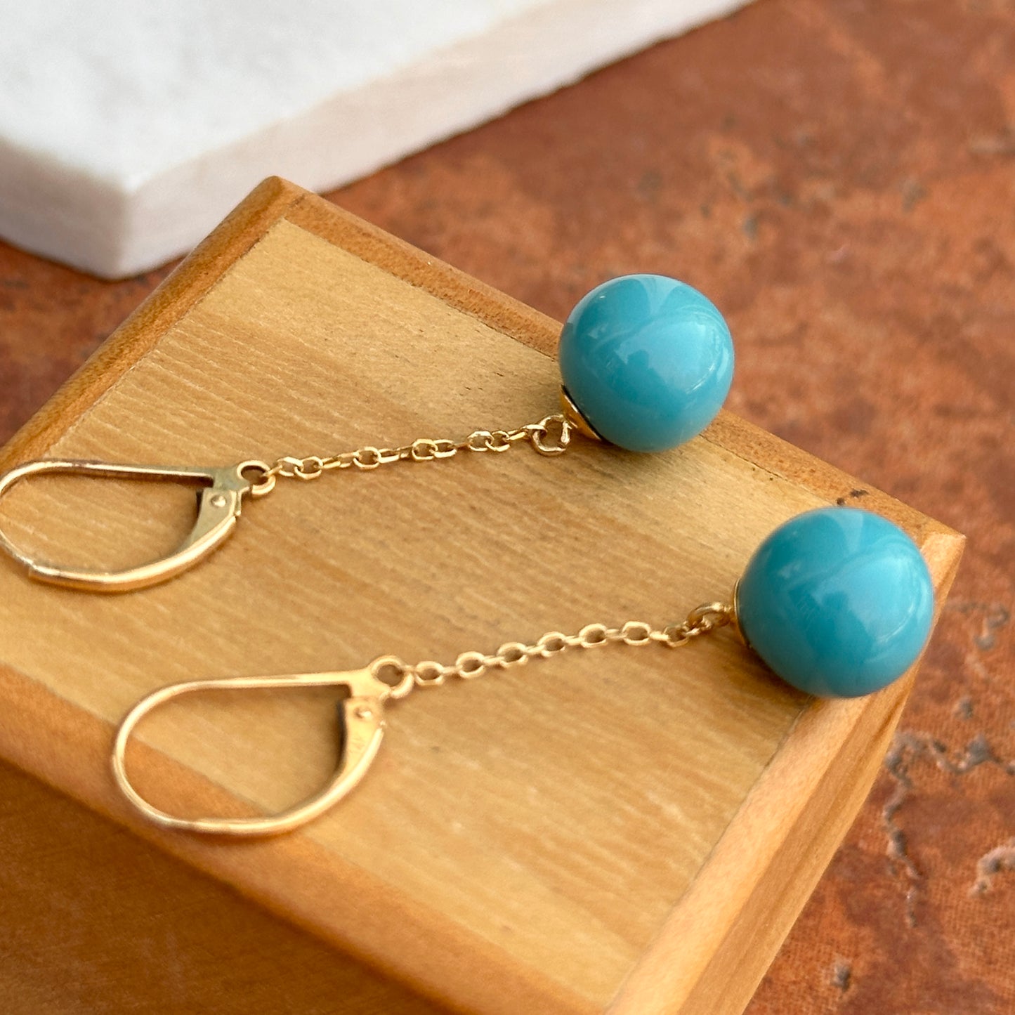 Estate 14KT Yellow Gold Sleeping Beauty Ball Dangle Lever Back Earrings