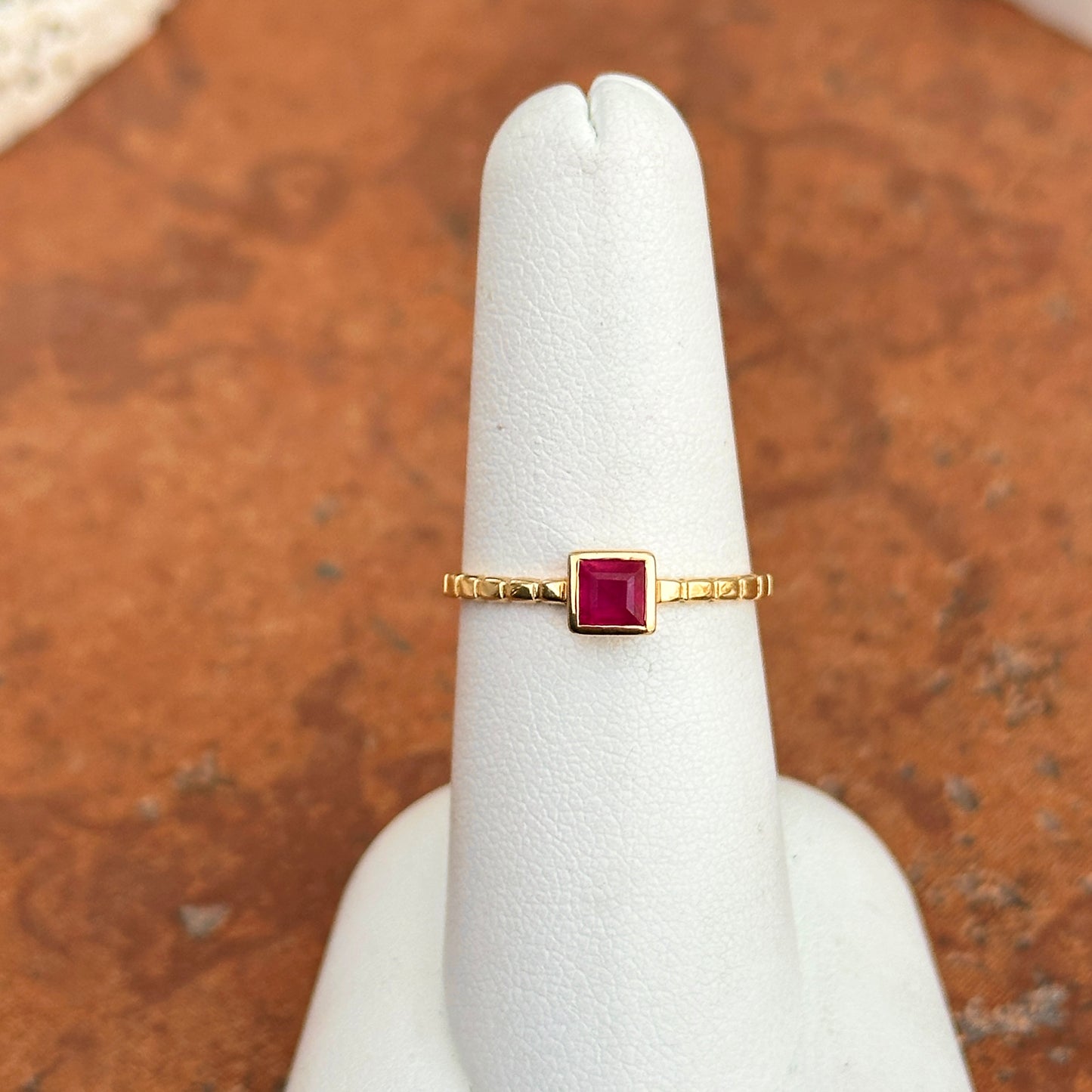 Estate 18KT Yellow Gold Square Ruby Notched Band Ring