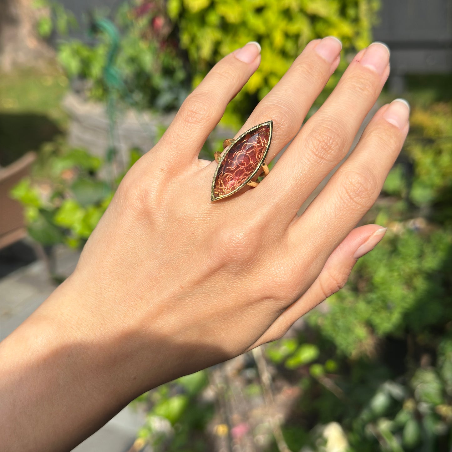 Yellow Gold-Plated Marquise Iridescent Purple Checkerboard Gemstone Ring