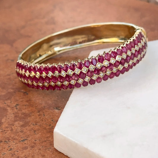 Estate 14KT Yellow Gold Marquise Ruby + Diamond Bangle Bracelet