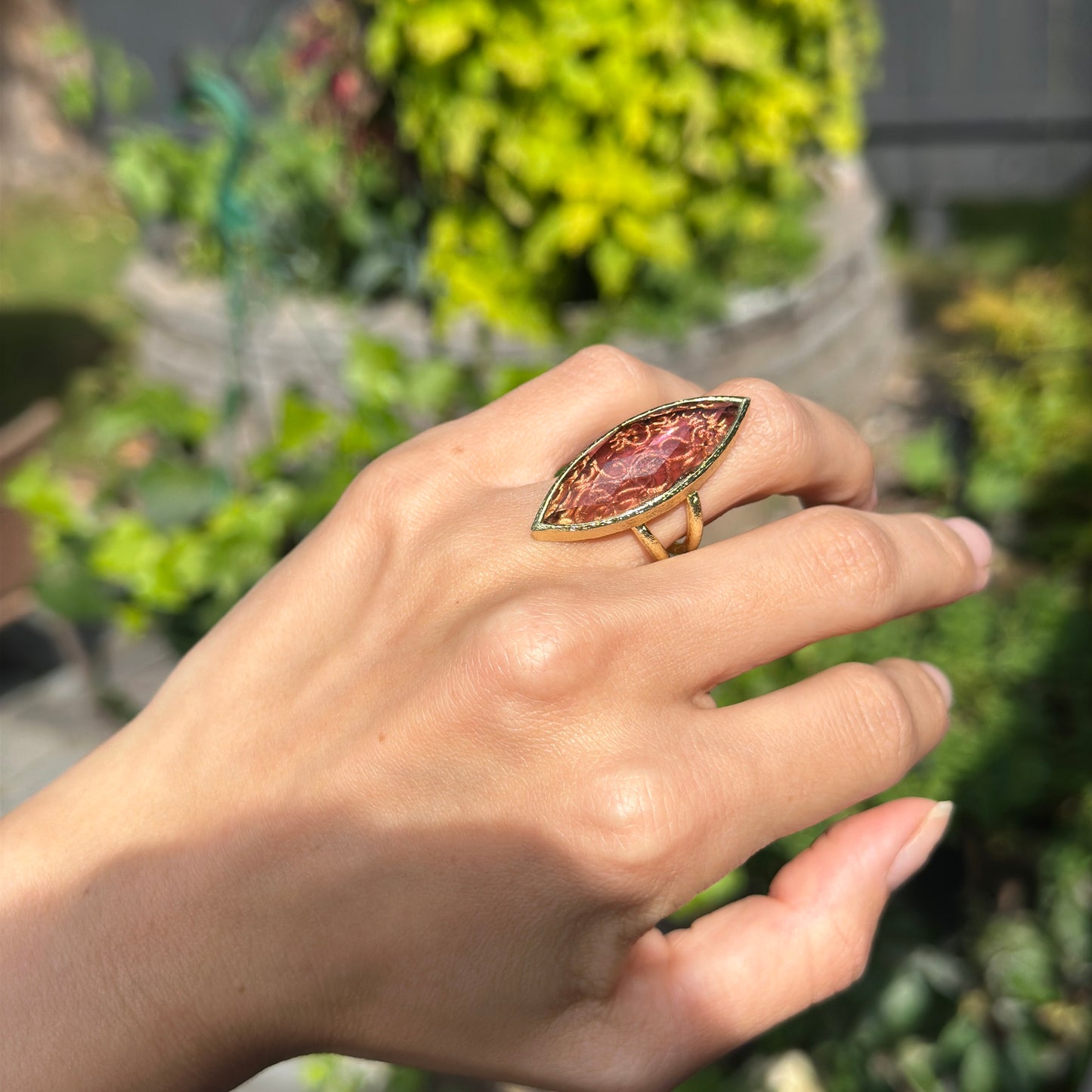Yellow Gold-Plated Marquise Iridescent Purple Checkerboard Gemstone Ring