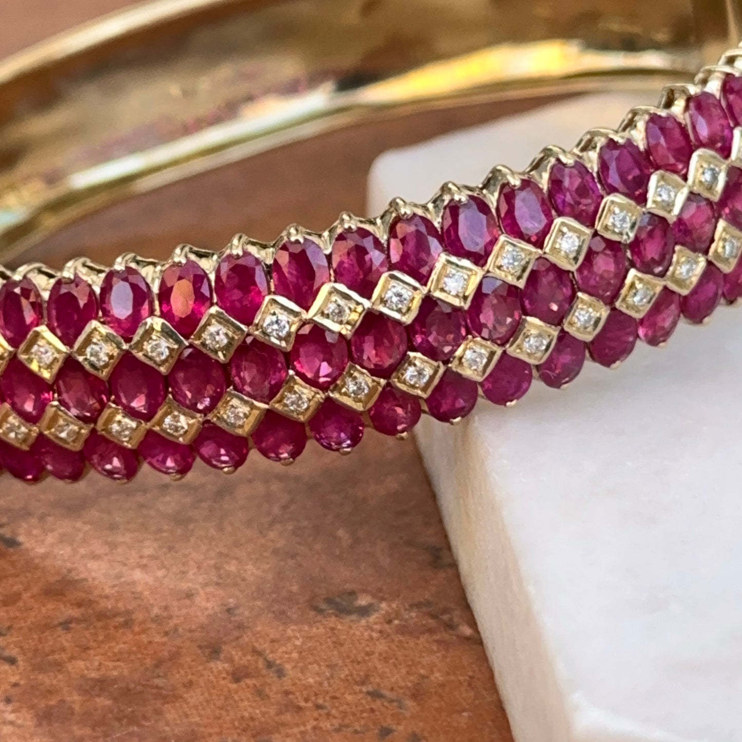 Estate 14KT Yellow Gold Marquise Ruby + Diamond Bangle Bracelet