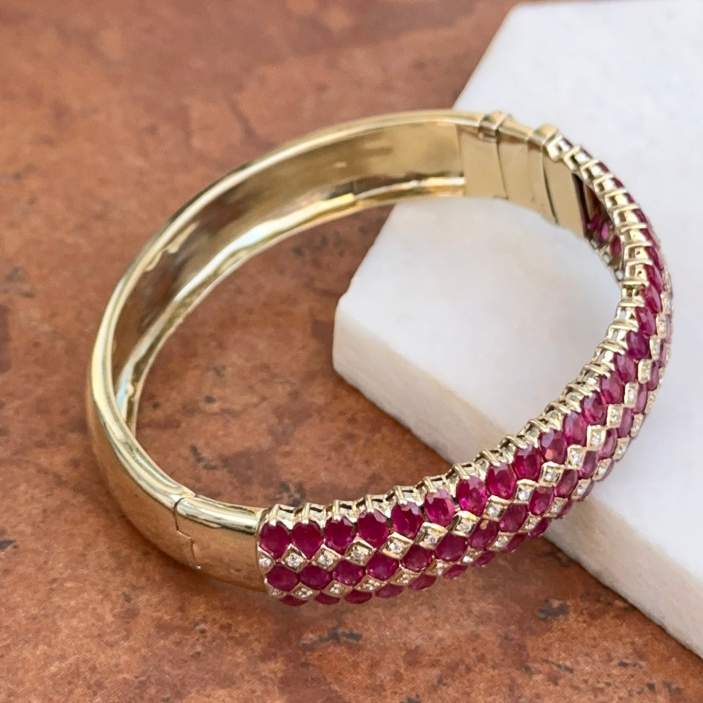 Estate 14KT Yellow Gold Marquise Ruby + Diamond Bangle Bracelet