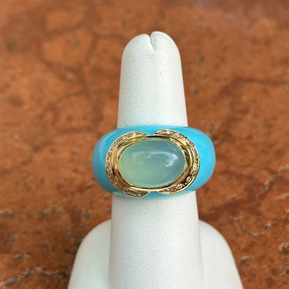 14KT Yellow Imitation Turquoise Oval Agate and Round Diamond Ring
