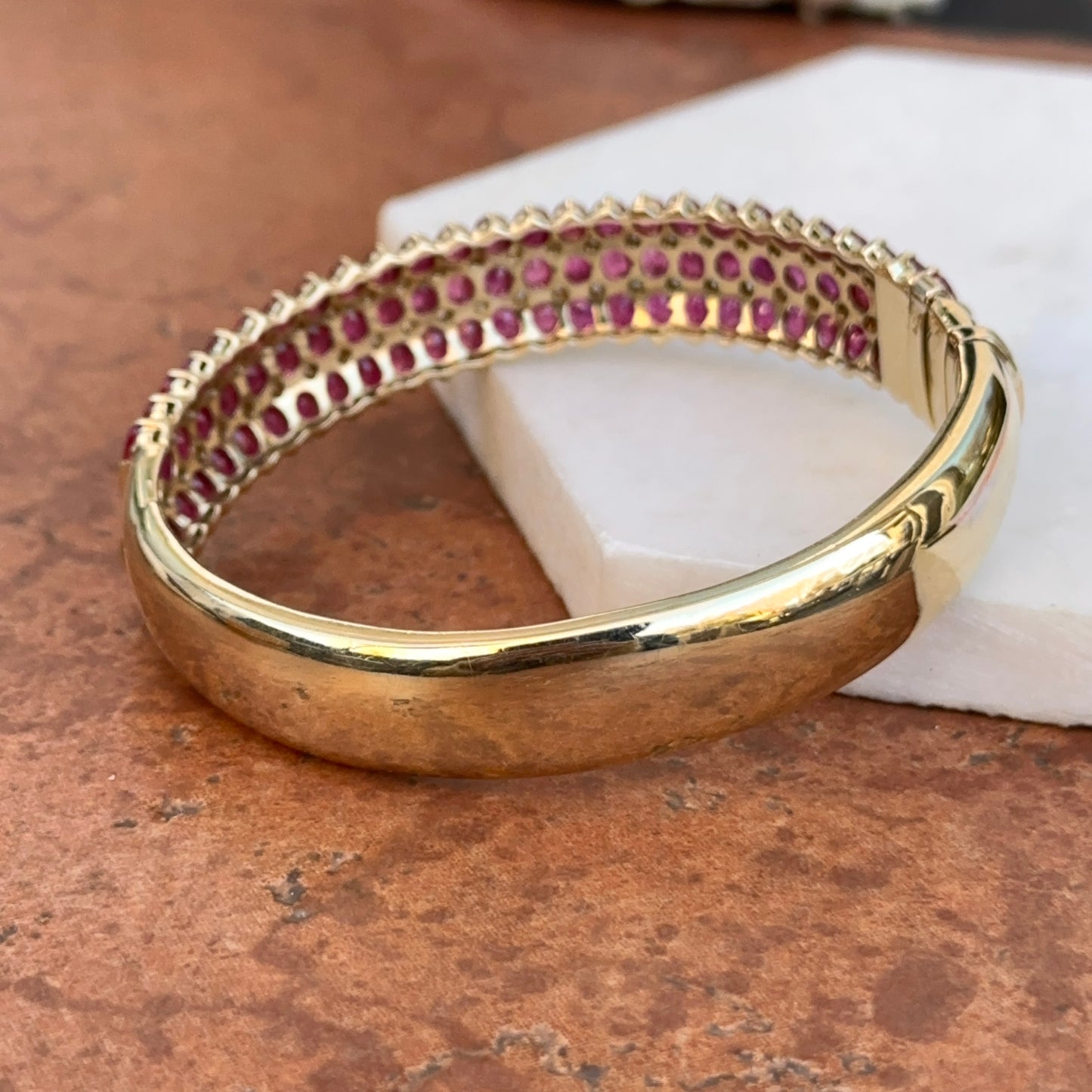 Estate 14KT Yellow Gold Marquise Ruby + Diamond Bangle Bracelet