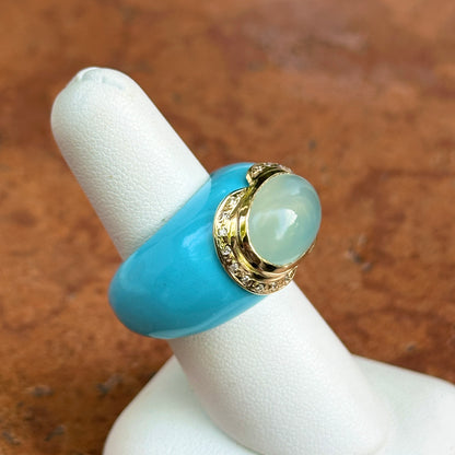 14KT Yellow Imitation Turquoise Oval Agate and Round Diamond Ring