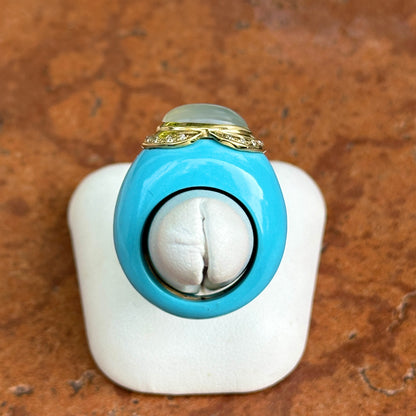 14KT Yellow Imitation Turquoise Oval Agate and Round Diamond Ring