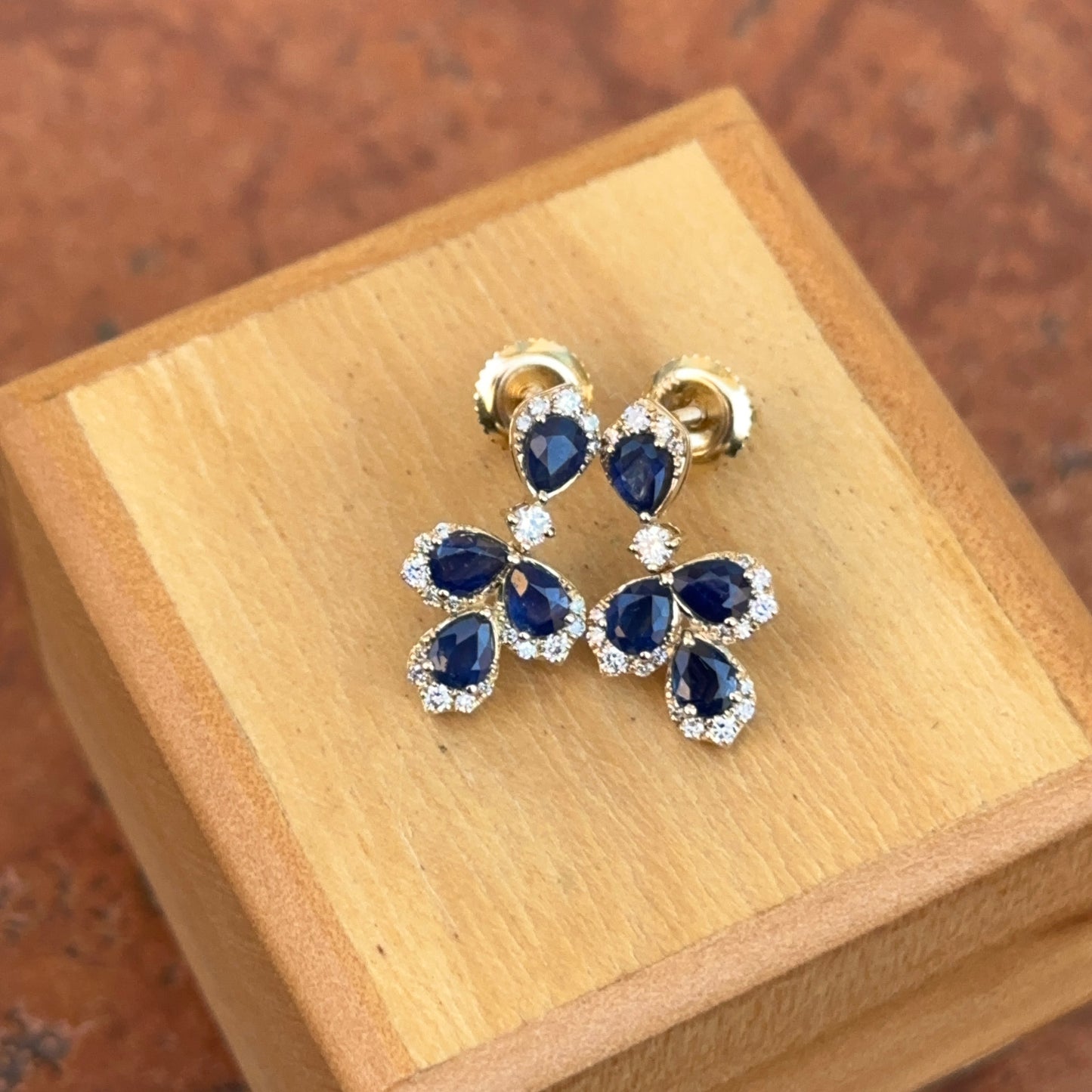 Estate 14KT Yellow Gold Pear Blue Sapphire + Diamond Earrings