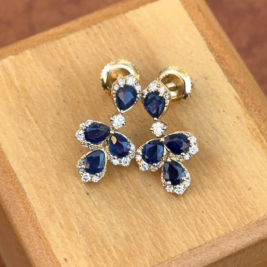 Estate 14KT Yellow Gold Pear Blue Sapphire + Diamond Earrings